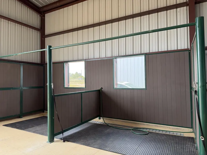 Second indoor wash stall with green steel dividers